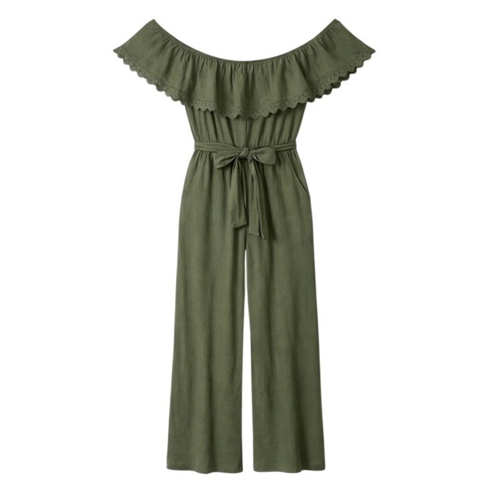 Live To Be Spoiled Off-Shoulder Olive Green Jumpsuit with Pockets Tie Waist - M